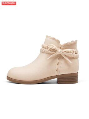 Girls Ankle Boots Low Heel Zip Faux Suede Bow Braided Dress Booties